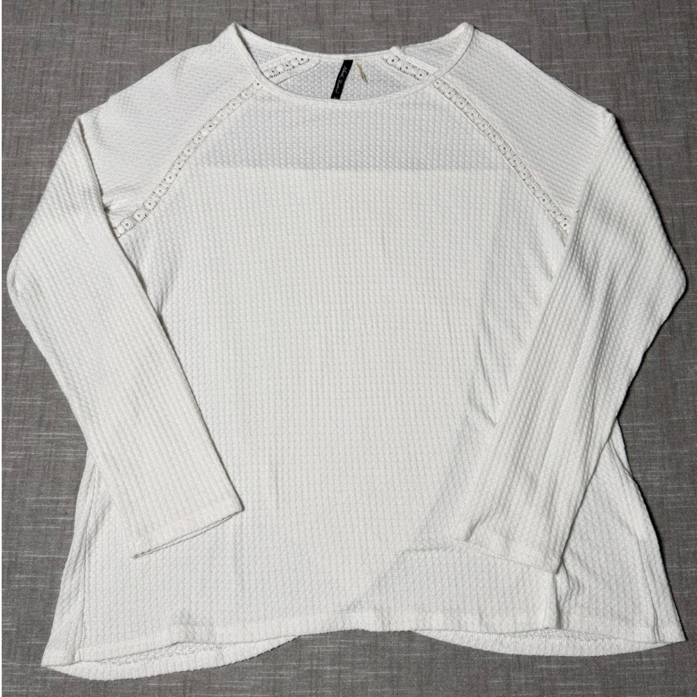 North River Womens White Waffle Knit Thermal Top Lace Trim Tulip Back Large
